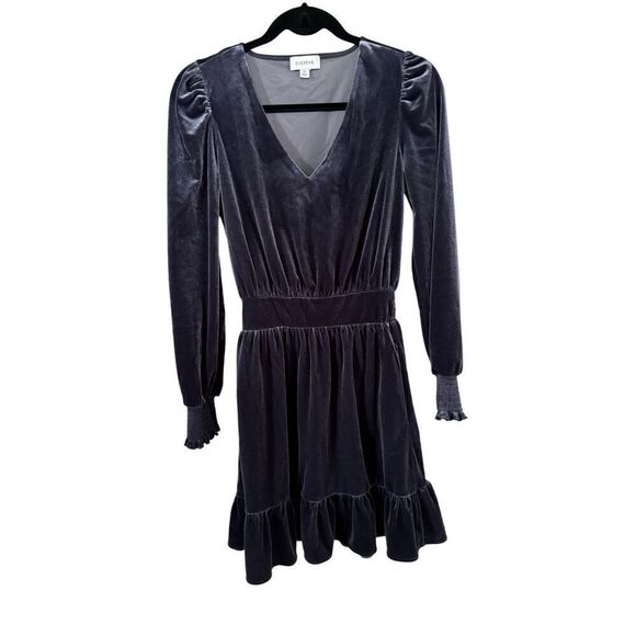 Evereve Fiona Velvet Dress SZ XS Blue Gray Tiered Pockets Long Sleeve V Neck - Picture 2 of 8